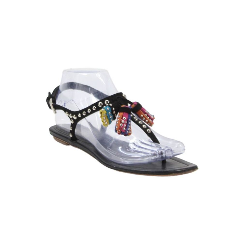 Prada Womens Leather Tassel Detail Studded Thong Sandals Shoes Black Sz 7